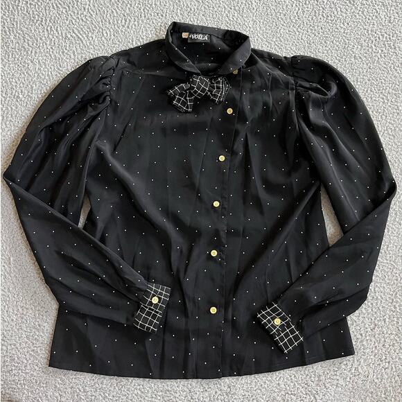 Voila Tops - Voila Button Up Top 12 Large Bow Asymmetric Polka Dot Long Sleeve Retro Blouse